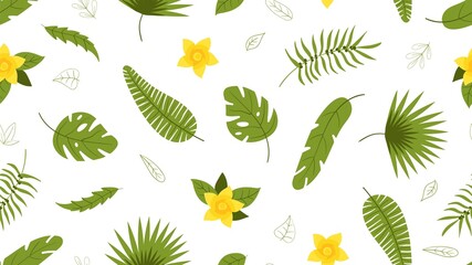 Green tropical plants, leaves and flower. Nature organic seamless pattern. Exotic leaf, bright summer forest elements vector texture