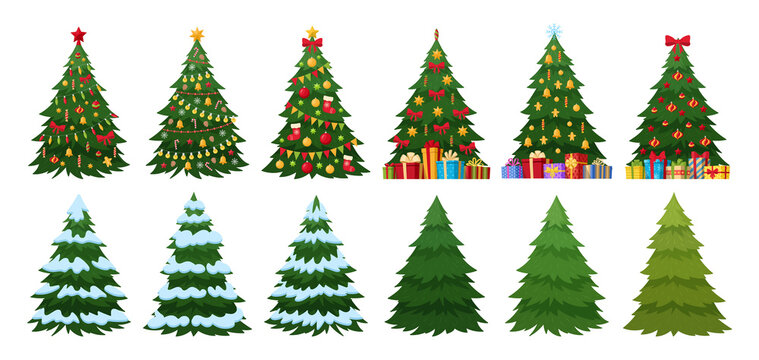 Christmas trees with xmas decorations, garlands and holiday gift boxes. Xmas green fir trees with decoration, snow and presents vector illustrations set. Holiday elements collection