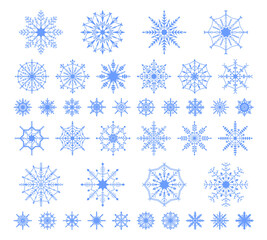Fototapeta na wymiar Winter snowflakes, Christmas snowfall snow crystals, frosted ice shapes. Iced crystal snowflakes, Christmas winter snowflake decoration vector symbols illustration set. Flat snowflakes collection