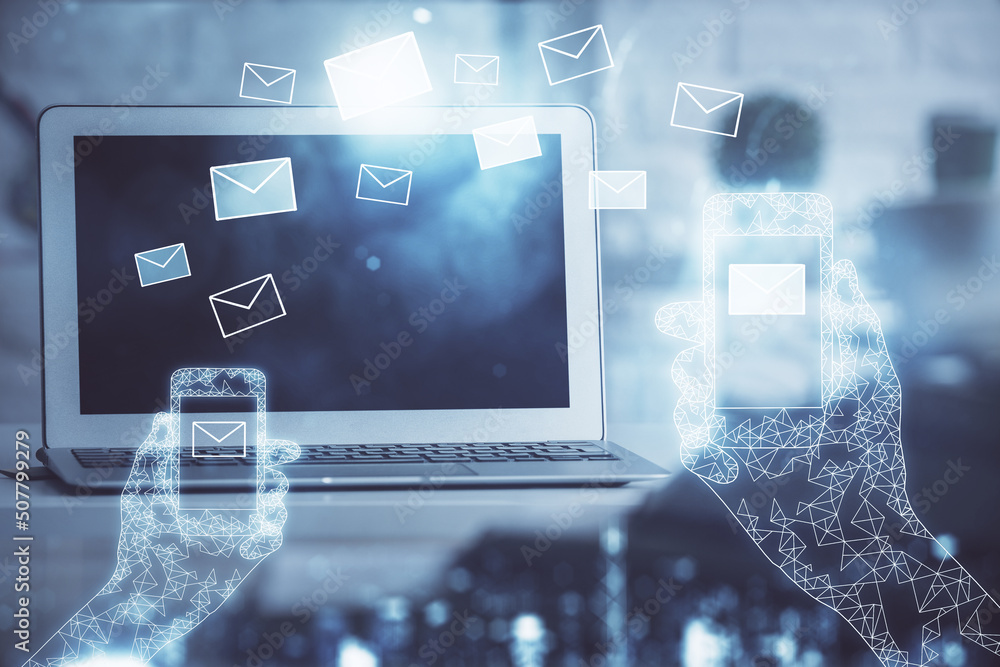 Poster Desktop computer background in office and flying envelops hologram drawing. Double exposure. Electronic mail concept.