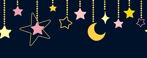 Moon and stars seamless border. Cute nursery mobile, yellow crescent hand in night. Wall sticker vector print template, baby sleepy banner