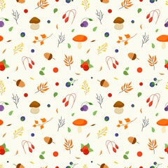 Mushroom, acorn and branches template. Autumn forest nature seamless pattern, yellow orange leaves and bright berries. Seasonal vector background design © MicroOne