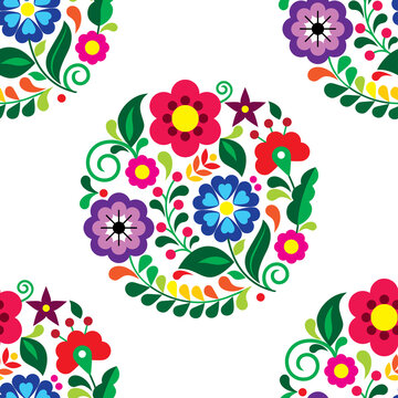 Mexican seamless vector pattern with floral bouquets, textile or fabric print design inspired by traditional embroidery crafts from Mexico
 