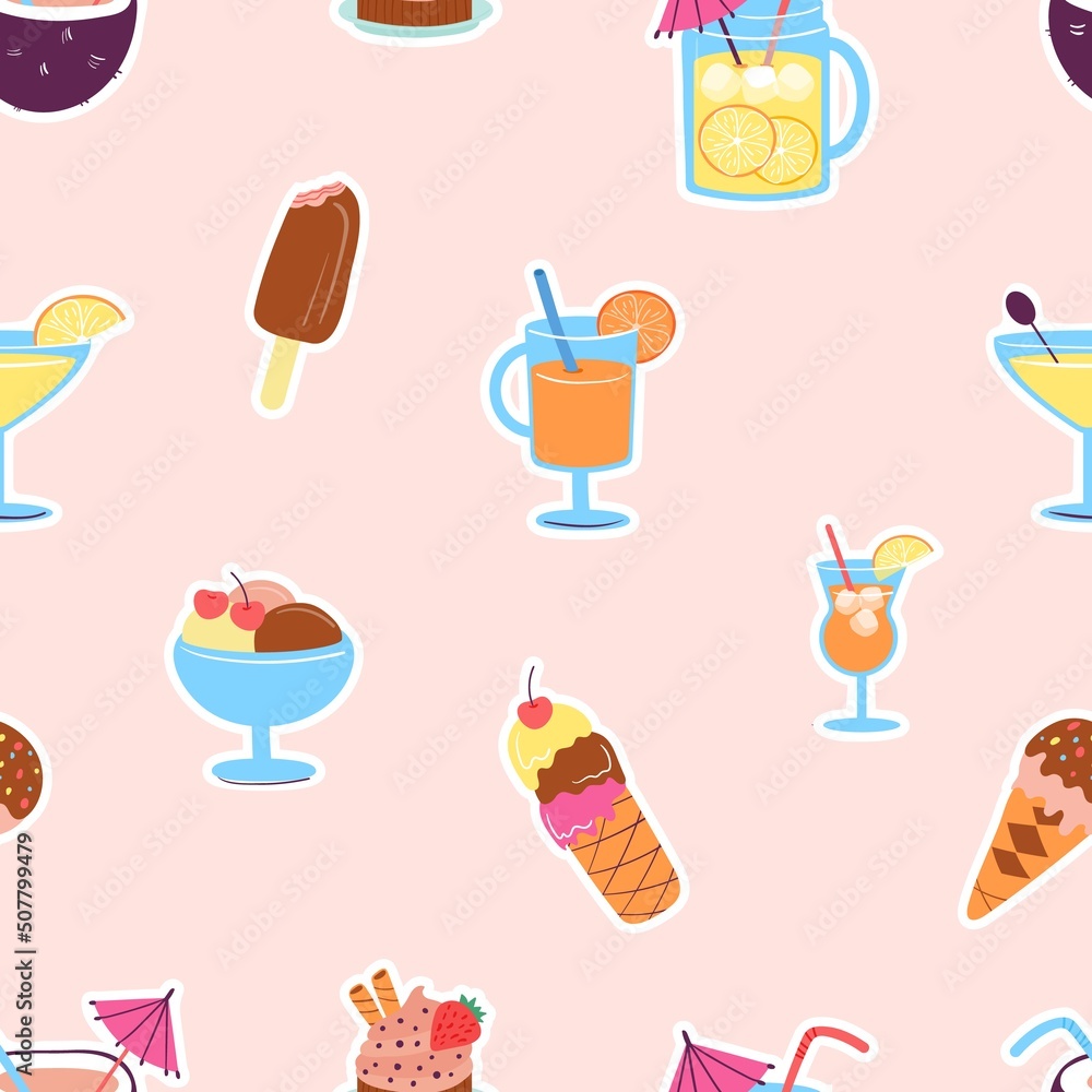 Sticker sweet dessert, ice cream and cocktails seamless pattern. summer party print, fast food and snacks. j