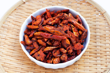 Fried Chili, Spicy snack on white background.