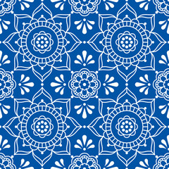 Scandinavian floral folk art outline vector seamless tile pattern, decorative textile or fabric print design with flowers and leaves inspired by lace and embroidery patterns in white on navy blue
