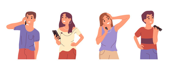Teen people using smartphone, boys and girls talking on cellphone. Men and women holding smartphone, chatting, using internet vector illustration set. Internet communication concept