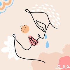 Stylish female crying silhouette, abstract trendy line print design. Vector woman face with decorative elements, embroidery template