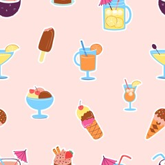 Sweet dessert, ice cream and cocktails seamless pattern. Summer party print, fast food and snacks. Juice orange and lemonade, vector fabric texture template