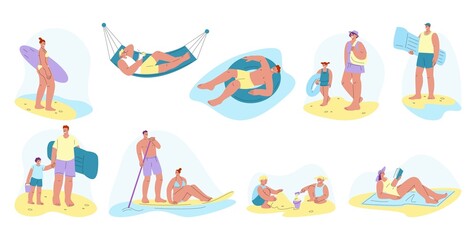Ocean people vacation. Girl sea travel, summer family rest on pool. Man relax in hammock and swim on inflatable ring. Person sunbather, kicky vector characters