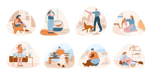Happy owner with pet. People hold pets scenes, play and walk time with dog. Woman man hug cat, cute puppy, kitten parrots and kicky turtle vector set