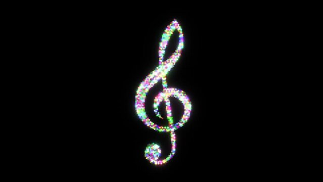 A sparkling treble clef appears on a black background.