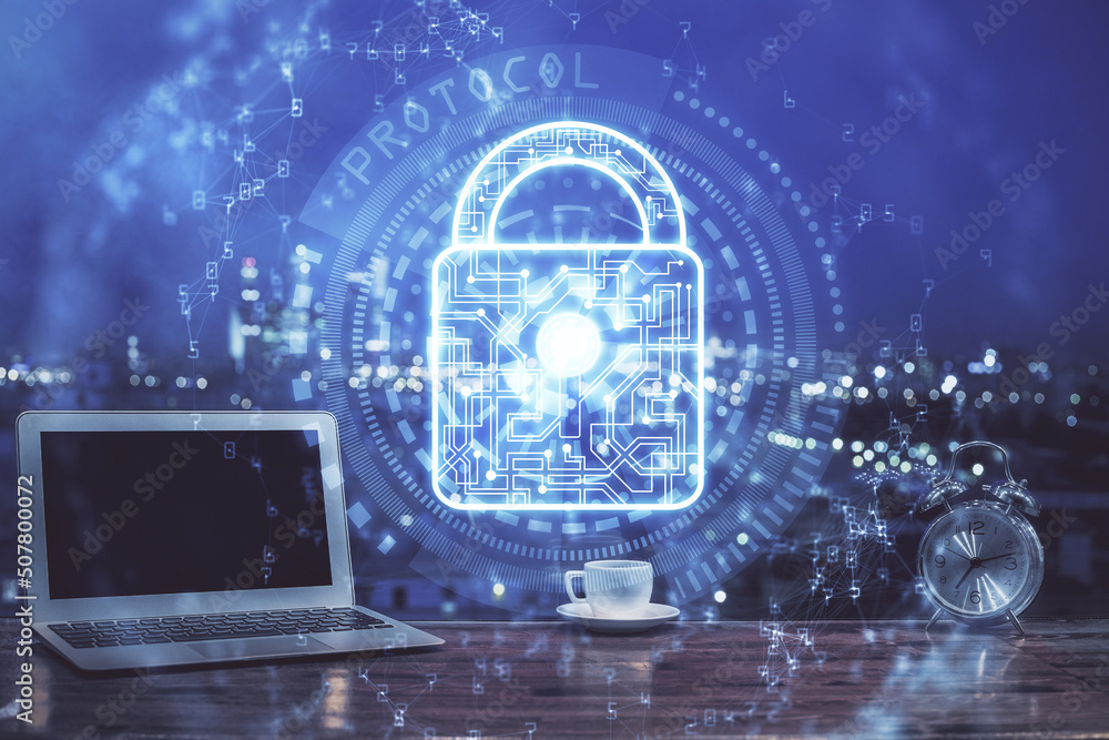 Aufkleber Double exposure of desktop with computer and lock icon hologram. Concept of data safety.