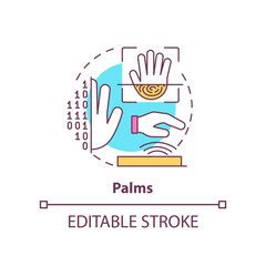 Palms concept icon. Biometric identification technology abstract idea thin line illustration. Palm vein scanning. Isolated outline drawing. Editable stroke. Arial, Myriad Pro-Bold fonts used