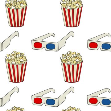 popcorn and movie icons. Seamless pattern with the image of 3d glasses and popcorn. Minimalist pattern in the style of the cinema.