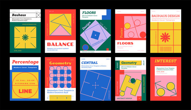 Vertical poster A4. Banners with geometric linear figures in memphis style. Set of abstract posters with squares and brutalistic shapes. Book cover with futuristic simple objects. Minimal Brochure Set