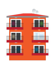Vector illustration of row of modern multicolor multi-storey high-rise residential apartment houses. Front view with roofed windows balconies on sunny day. Real estate rental concept