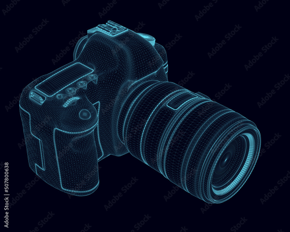 Poster wireframe of a professional camera made of blue lines isolated on a dark background. isometric view.