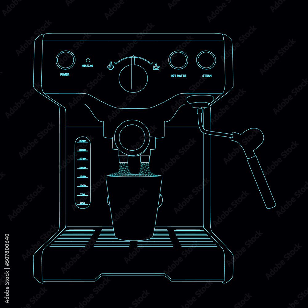 Poster outline of a coffee machine with glowing lights from blue lines isolated on a dark background. front