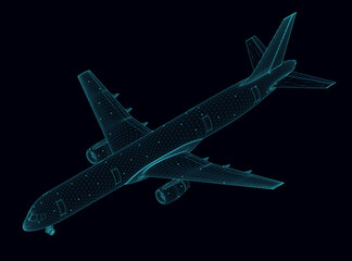 Fototapeta na wymiar Aircraft wireframe from blue lines isolated on a dark background. Isometric view. 3D. Vector illustration.