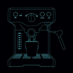 Outline of a coffee machine with glowing lights from blue lines isolated on a dark background. Front view. Vector illustration.