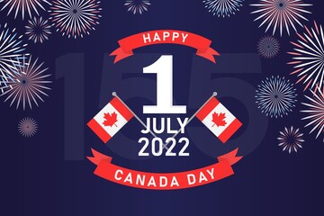 Happy canada day banner, canadian flags and date 1 july 1867 on blue background  with fireworks