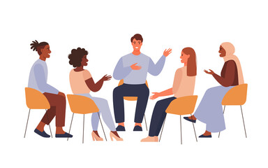 Group therapy session. Different people sitting in circle and talking. Concept of group therapy, counseling, psychology, help, conversation. Flat vector illustration. - obrazy, fototapety, plakaty
