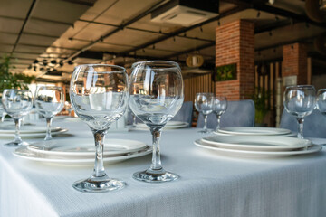 Close-up of empty glasses on the table in a restaurant