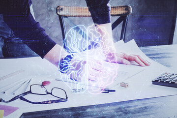 Man with multi exposure brain theme icons.