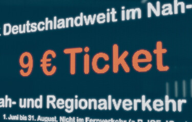 9 Euro Ticket. Symbolic graphic for the reduced public transport tickets in Germany, summer 2022. Cheap tickets supports travelers and consumers due to rising energy and fuel prices. 3D illustration