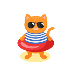 Cat and swim ring. Vector picture isolated on white