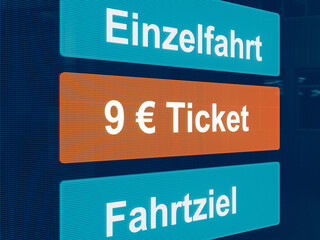 9 Euro Ticket. Symbolic graphic for the reduced public transport tickets in Germany, summer 2022. Cheap tickets supports travelers and consumers due to rising energy and fuel prices. 3D illustration
