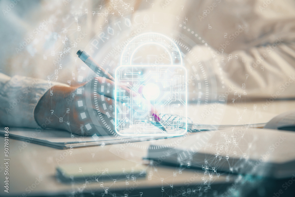 Aufkleber Double exposure of hands making notes with lock icons. Concept security and protection of data