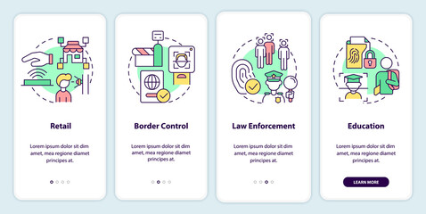 Biometric technology implementation onboarding mobile app screen. Data walkthrough 4 steps editable graphic instructions with linear concepts. UI, UX, GUI template. Myriad Pro-Bold, Regular fonts used