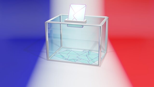 Illustration 3D Enveloppe bulletin de vote urne electorale elections legislatives deputes assemblee nationale France drapeau bleu blanc rouge 2022
