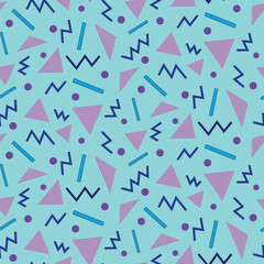 Abstract geometric shapes seamless pattern in neon pink and navy blue over  turquoise background in 90s style. Great for posters, website background, gift wrapping paper and 90s party theme	