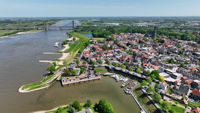 Aerial view of Zaltbommel the Netherlands, with the harbor in the foreground