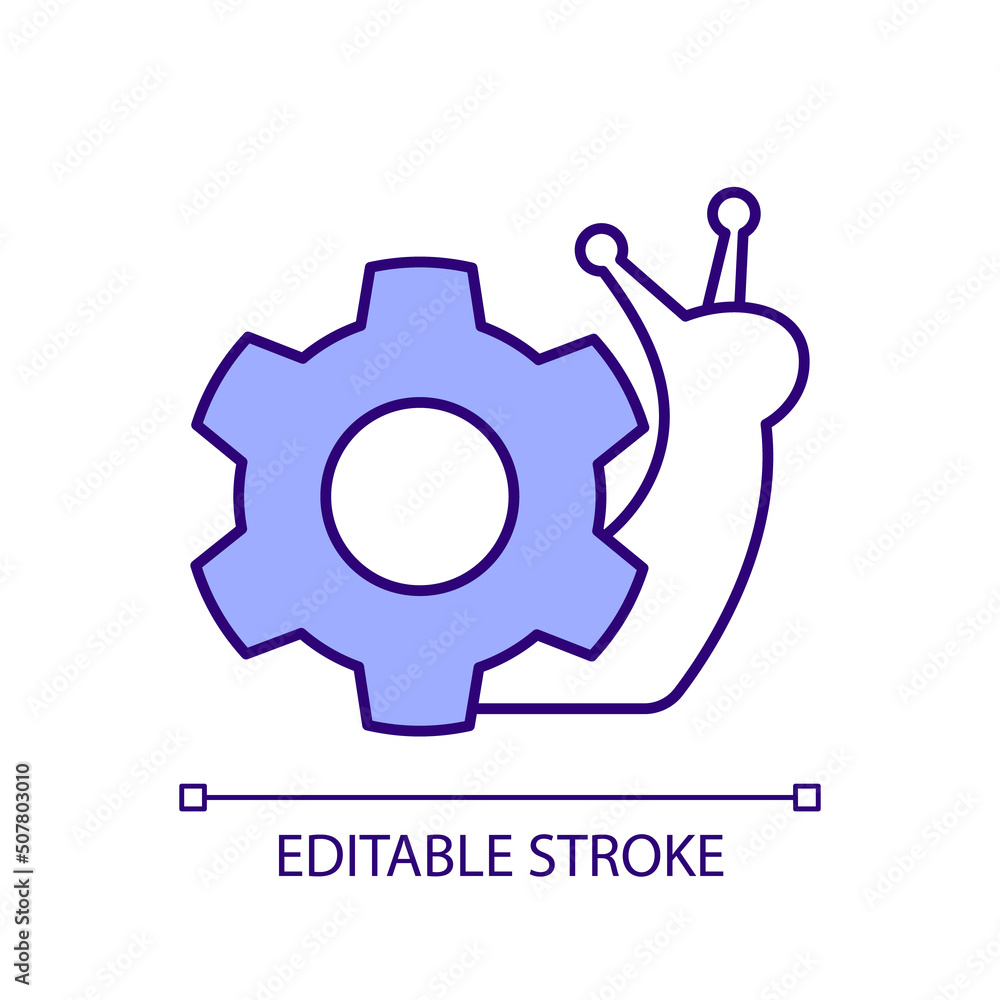 Poster slow process rgb color icon. delayed operation and actions. crawling snail with cogwheel. isolated v