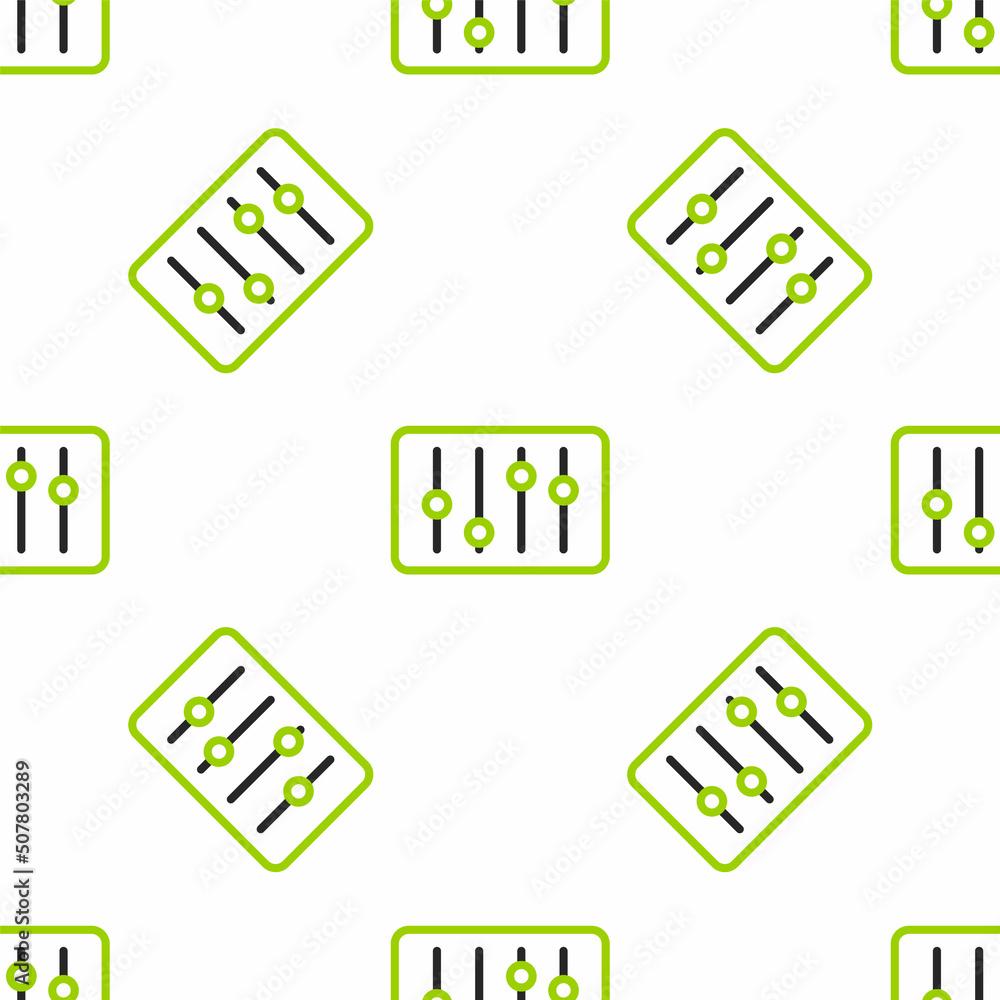 Poster line sound mixer controller icon isolated seamless pattern on white background. dj equipment slider 
