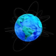 Blue planet earth with green continents and virtual communication lines. 3D rendering