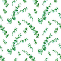 Fototapeta na wymiar Seamless eucalyptus leaves pattern. Watercolor floral background with green plants leaf and branches for wrapping paper, textile prints, wallpaper