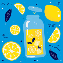 Bright summer Illustration with pot of lemonade, lemons, mint on blue background