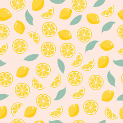 Summer seamless pattern on pink background with lemons and mint