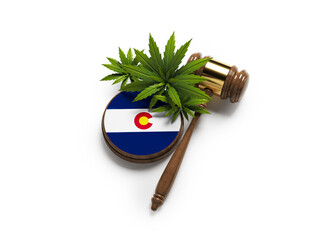 Cannabis leaf, gavel, and Colorado flag. On white color background. horizontal composition. Isolated with clipping path.
