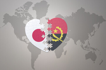 puzzle heart with the national flag of japan and angola on a world map background. Concept. 3D illustration - obrazy, fototapety, plakaty