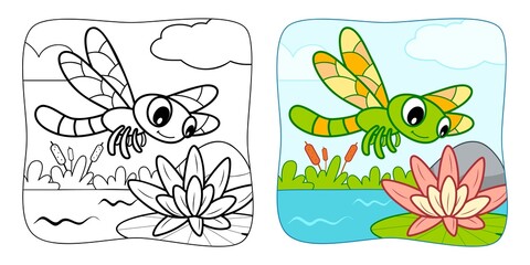 Coloring book or Coloring page for kids. Dragonfly vector clipart. Nature background.