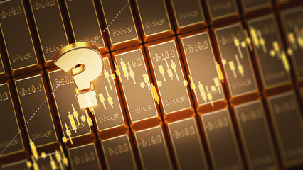 Question mark and finance chart on gold ingot stack. Horizontal composition.