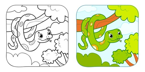 Coloring book or Coloring page for kids. Snake vector clipart. Nature background.