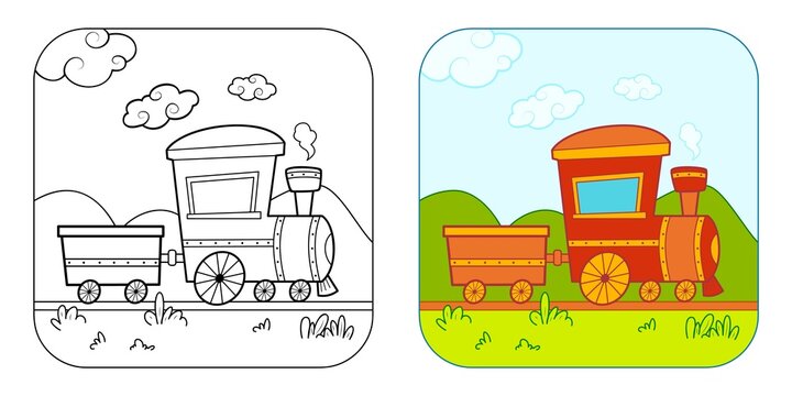 Coloring book or Coloring page for kids. Train vector clipart. Nature background.