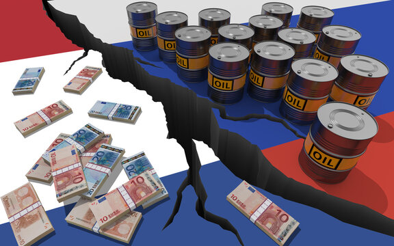 Oil barrels and money on background of the flags of Russia and the Netherlands. World financial sanctions on russian oil and gas because of the invasion of Ukraine. Oil embargo. 3D render